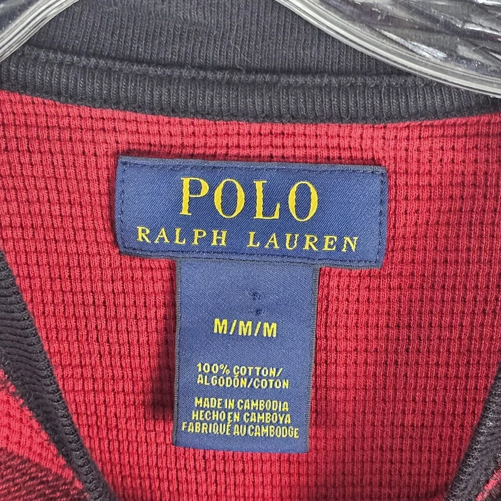 Polo Ralph Lauren Shirt Mens Medium Red Black Plaid Thermal Waffle Knit Pullover